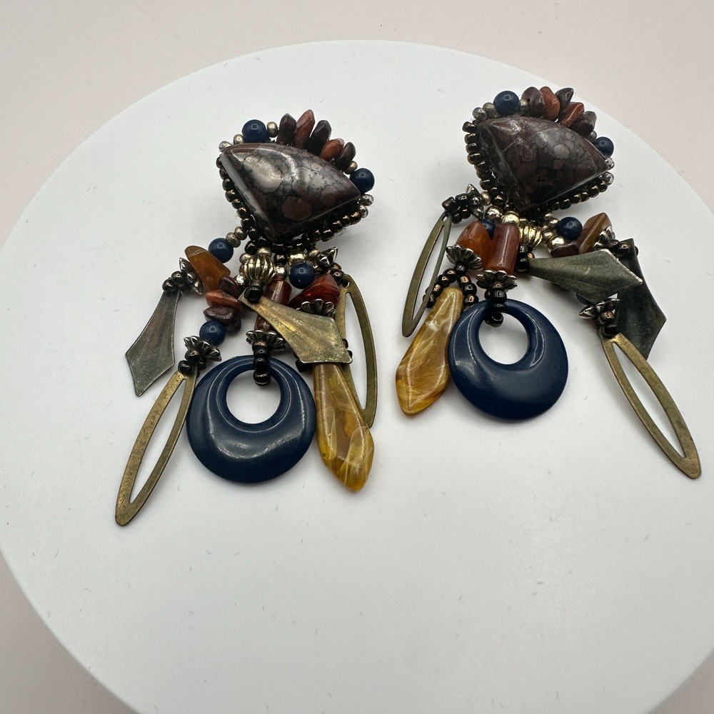Vintage 90s Beaded Statement Dangle Earrings Boho Women's Classic Jewelry